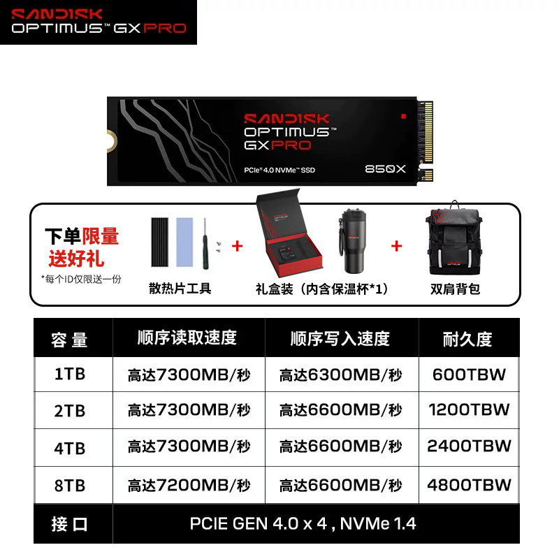 闪迪 奥丁马仕Optimus GX PRO 850X固态硬盘PCIe游戏SSD礼盒装