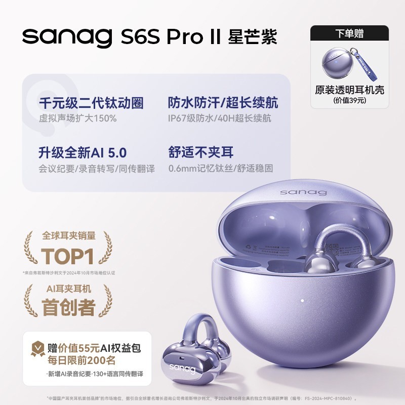 塞那 S6S Pro 耳夹式蓝牙耳机