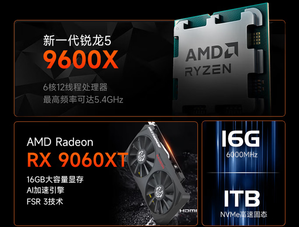 高性价比装机优选 锐龙5 9600X+单通道DDR5搭配RX 9060XT整机