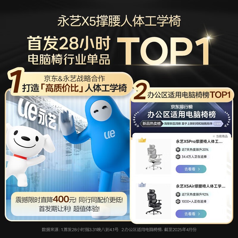 永艺X5Air撑腰椅限时抢购,半价福利仅970元