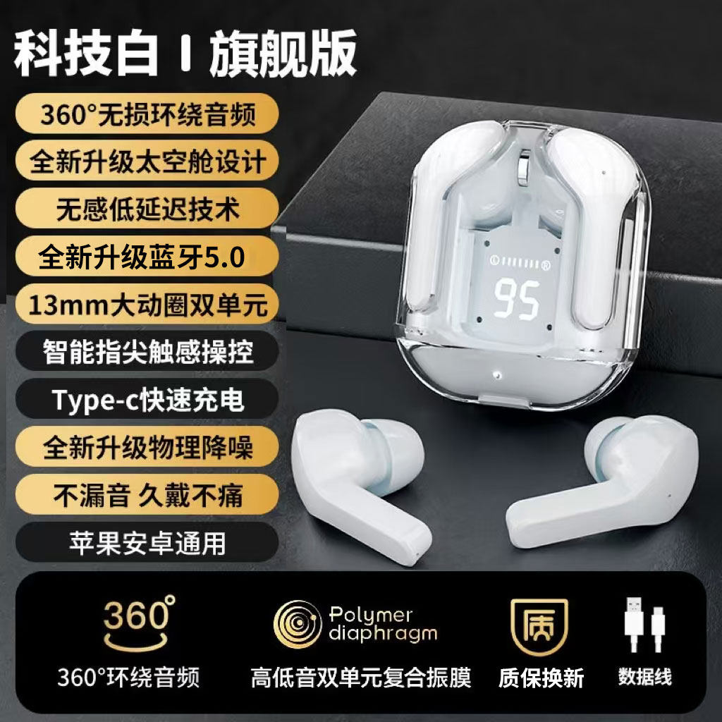 运动蓝牙耳机入耳数显长续航透明蓝牙耳机
