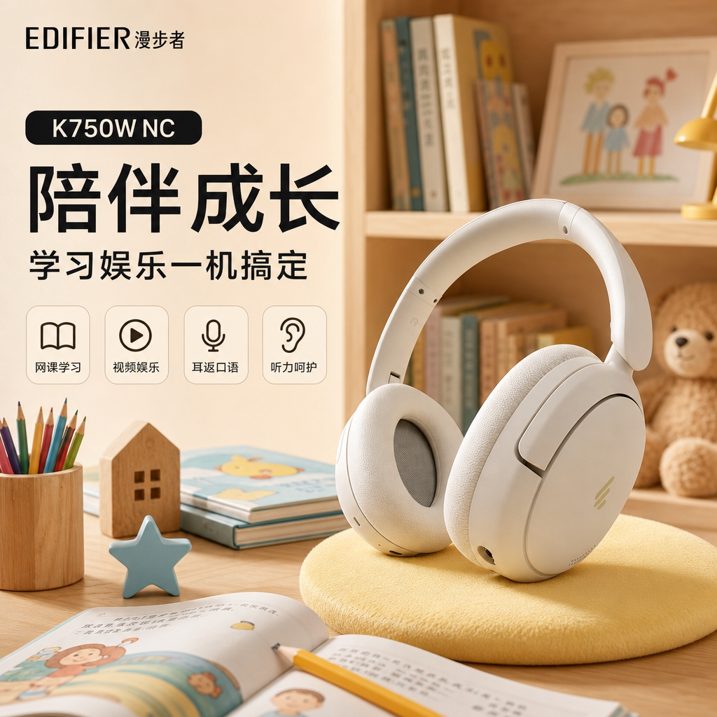 漫步者 儿童蓝牙耳机头戴式降噪耳返背书英语听力学生音乐网课学习