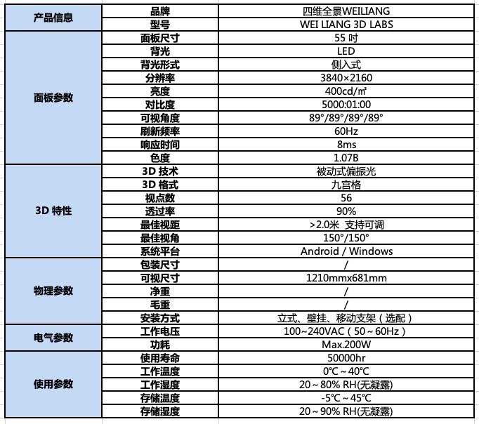 尉亮3D屏被动式偏振光立体屏VR 3D55寸立式3D显示器
