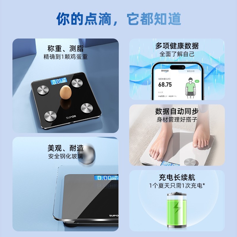 苏泊尔 体重秤体脂秤家用精准充电子秤减肥人体秤标准称体重