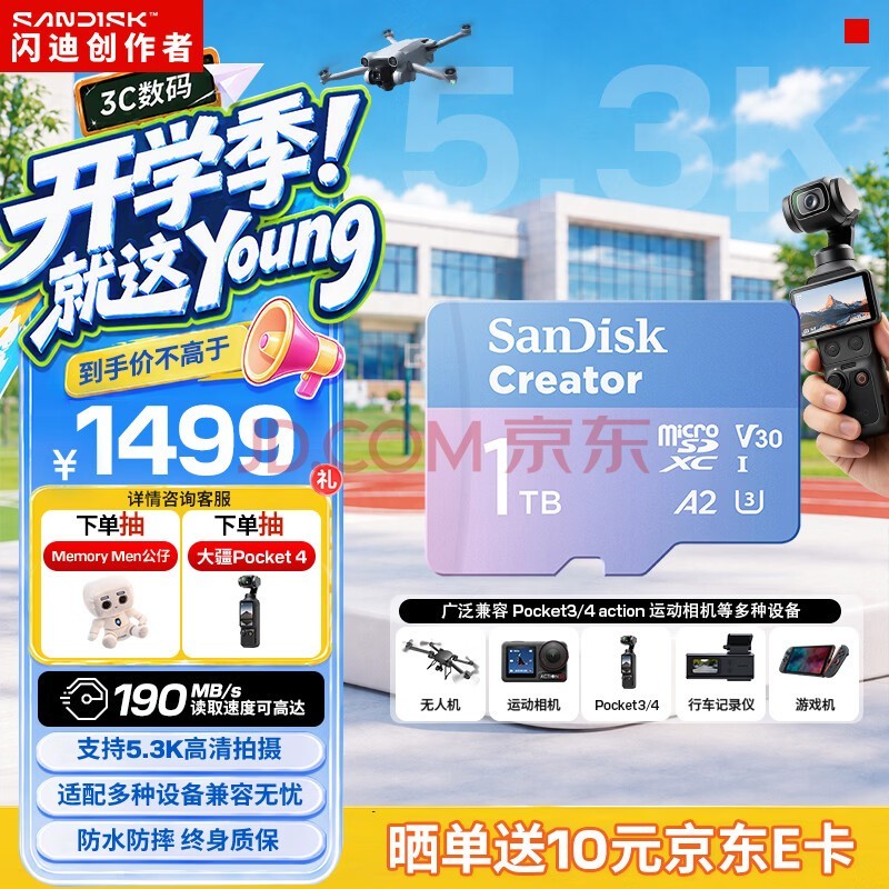 闪迪(SanDisk)创作者 闪迪内存卡tf卡 大疆pocket4内存卡 运动相机无人机存储卡 V30极速粉卡 1TB 官方标配