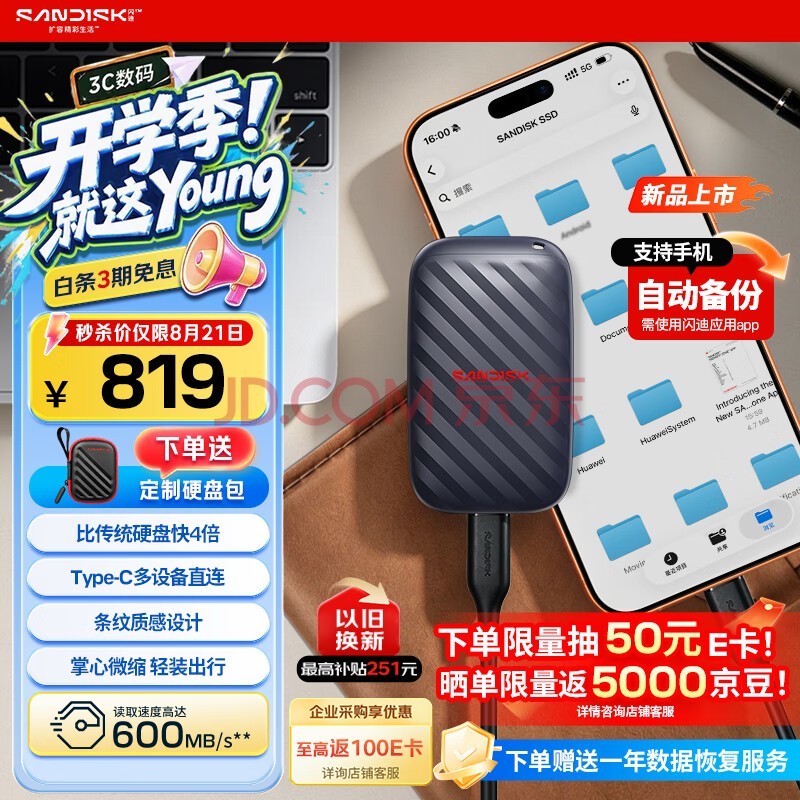 闪迪(SanDisk)精灵1TB 移动硬盘 ELE升级款 读速600MB/s Type-C USB3.2手机直连笔记本电脑 外接存储 固态硬盘