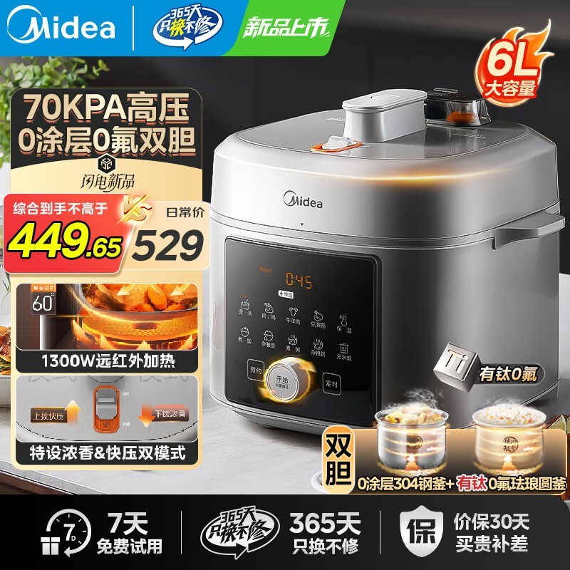 美的6L双胆0涂层电压力锅低至297元
