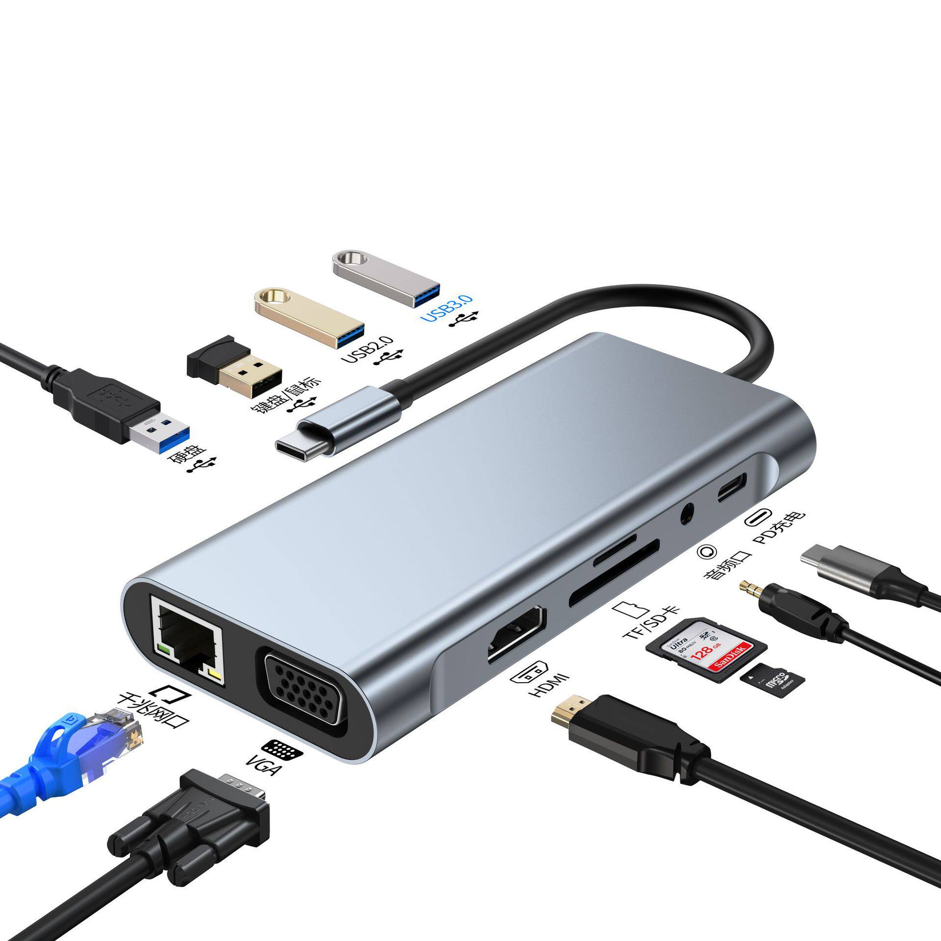 可芝 11口拓展坞Type-C扩展坞分线网口转换器转HDMI+USB3.0+RJ45+VGA+PD+USB-C+3.5mm音频+SD/TF