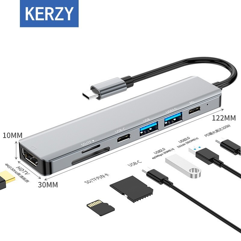 可芝 拓展坞Type-C转HUB分线集线转换器4K投屏快充双读卡转HDMI+USB3.0+USB2.0+PD+usb-c数据+SD/TF