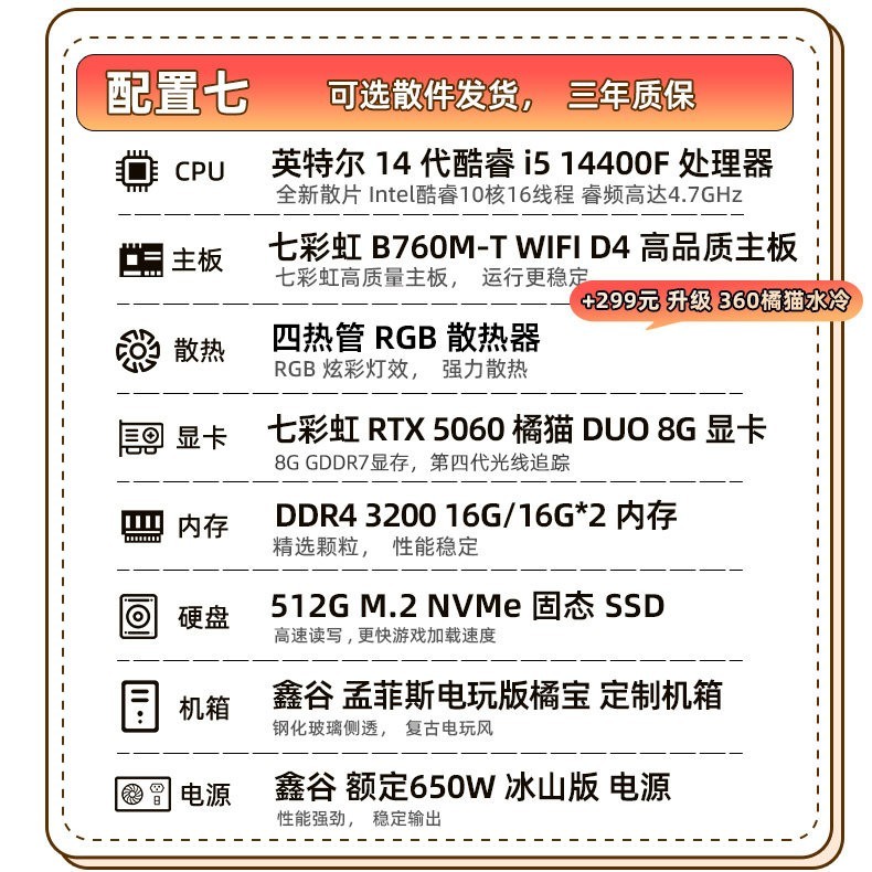 七彩虹 橘猫主机i5 14400f 14600kf14700f 4060 5060ti 5070 5060显卡电脑主机组装电脑台式机整机游戏diy装机