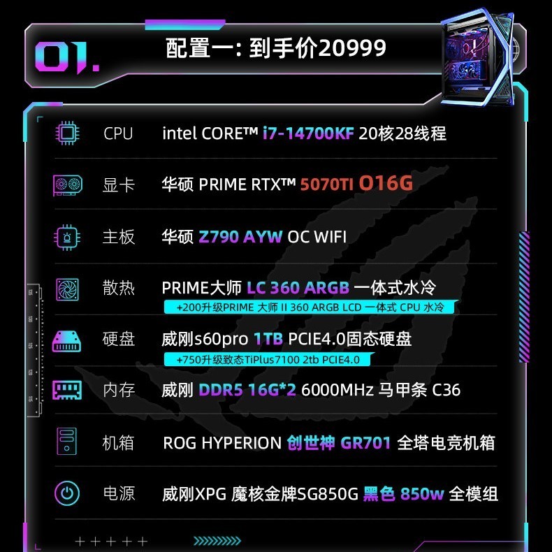 ROG 创世神主机intel CPU/14700KF Ultra 7-270K Plus RTX50系5070Ti RTX5080显卡DIY水冷电脑机箱ROG全家桶