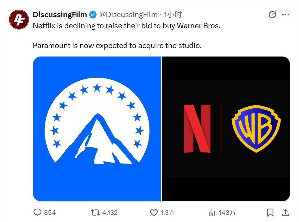 Netflix退出竞购,派拉蒙以1110亿美元现金收购华纳兄弟探索频道