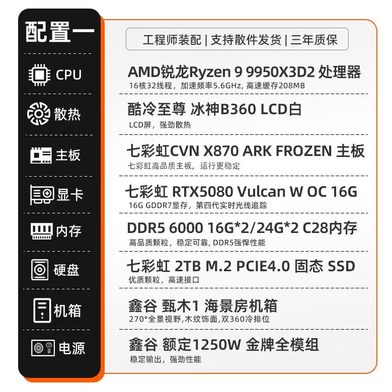 七彩虹 电脑主机R9 9950X 3D2 RTX5090D 24G RTX5080 16G火神独立显卡diy组装机台式机整机