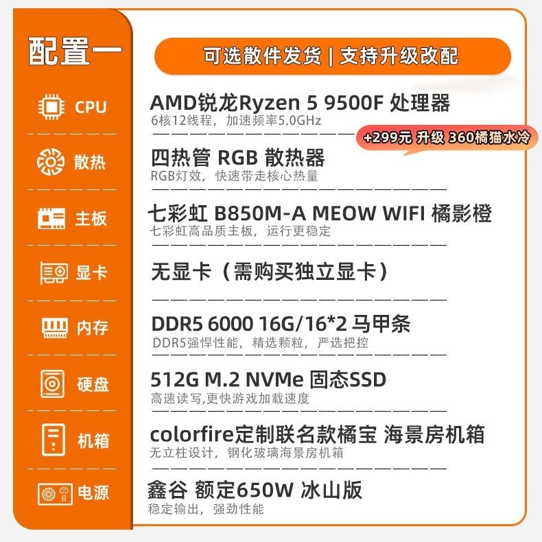 七彩虹 橘猫主机新品R5 9500F CPU RTX5050 5060 5060Ti 8g RTX5070显卡台式机组装电脑主机游戏diy组装机整机