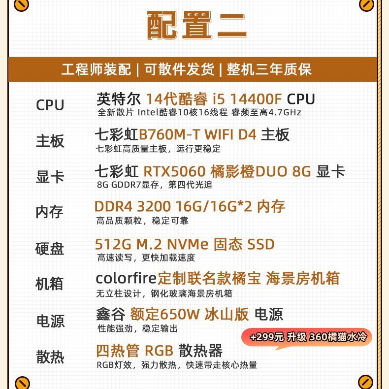 七彩虹 橘猫主机i5 14400f 14700f 14600kf 5060ti 8g RTX5060 8G 4060显卡台式机组装电脑主机diy组装机整机