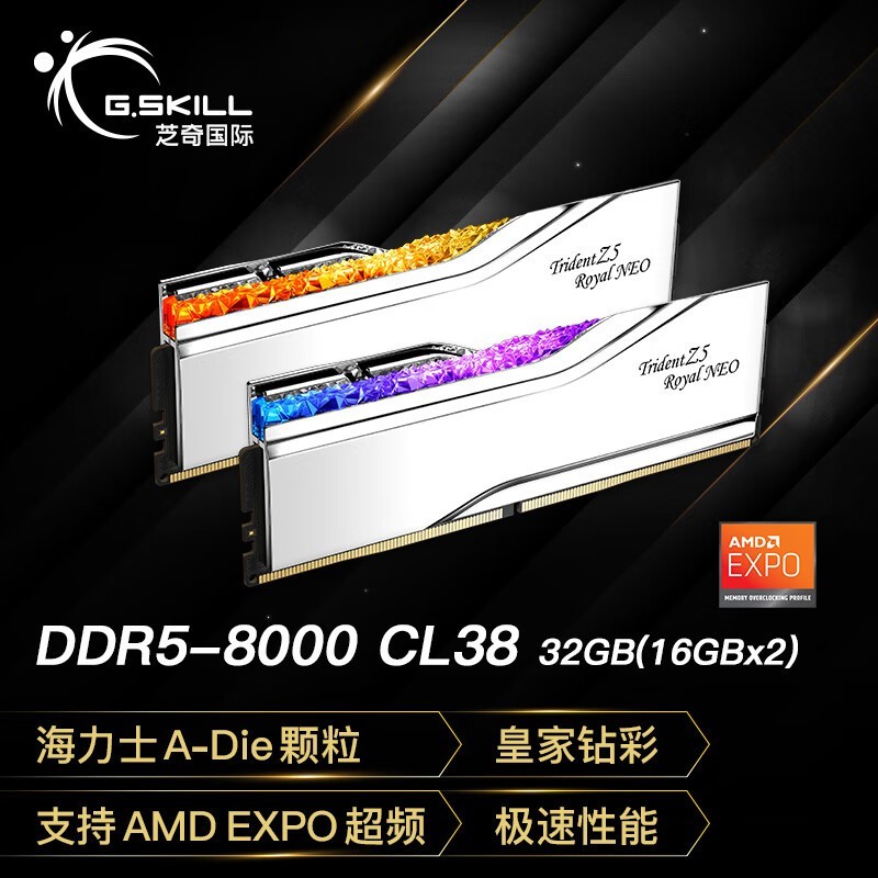 芝奇 皇家戟 EXPO版 DDR5 8000 32GB(2×16GB)银色