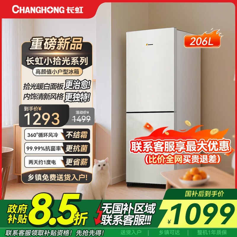 长虹206升净味君冰箱,抗菌节能小户型优选
