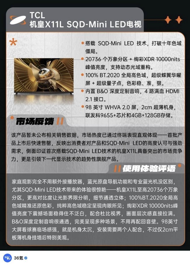 SQD-Mini LED杀穿行业 TCL X11L斩获“年度焦点产品”
