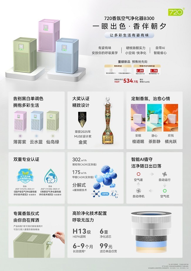 720香氛空气净化器B300预售现已开启