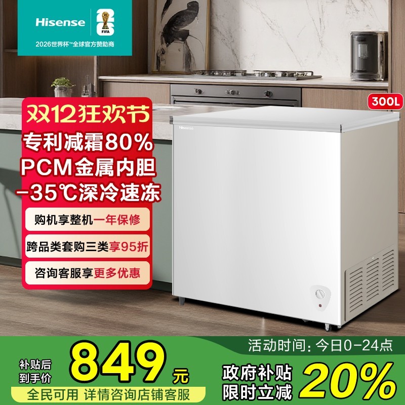 Hisense 海信 300升家用单温全冷冻卧式冰柜大容量节能减霜商用冷柜