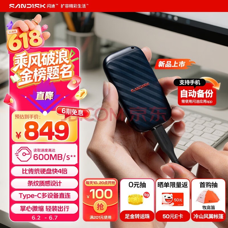 闪迪（SanDisk）精灵1TB 移动硬盘 ELE升级款 读速600MB/s Type-C USB3.2手机直连笔记本电脑 外接存储 固态硬盘
