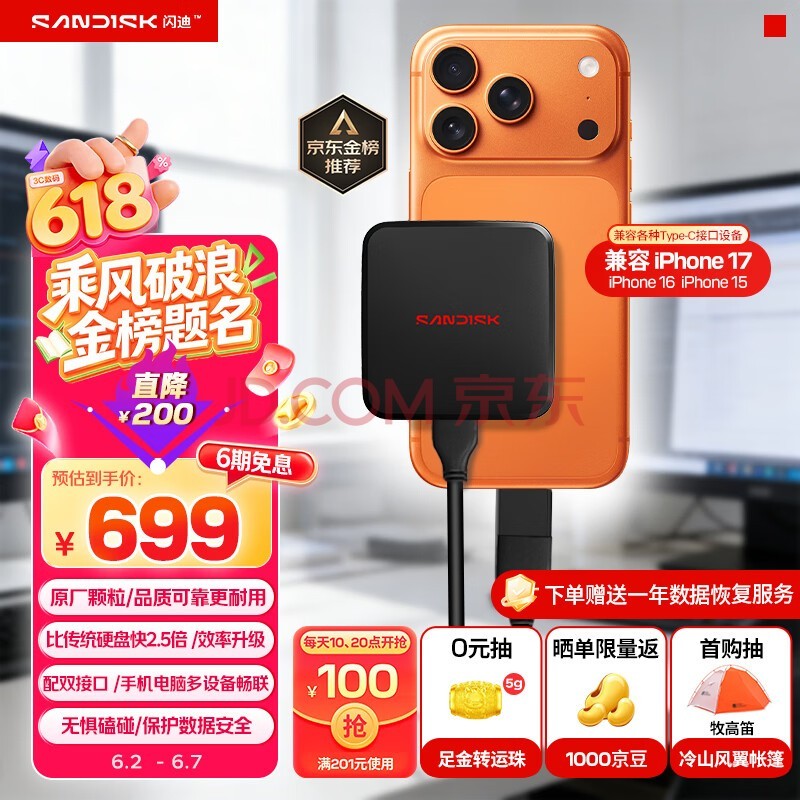 闪迪（SanDisk）ELE 1TB 移动固态硬盘（PSSD）新元素 type-c接口 小巧便携手机直连笔记本电脑两用外接 办公存储