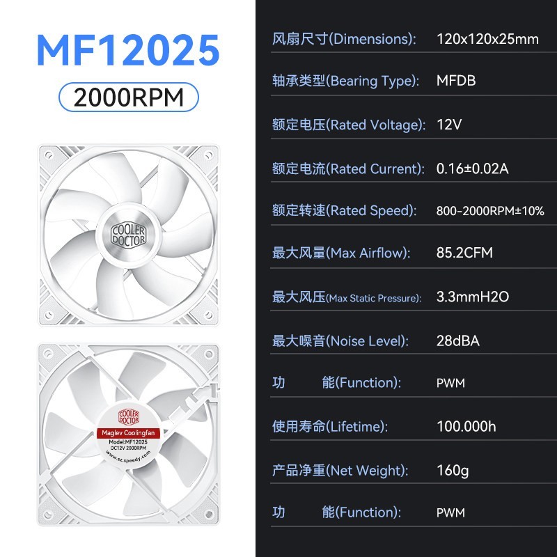 仕贝德MF12025散热博士磁悬浮机箱台式DC电脑显卡主机12v静音风扇