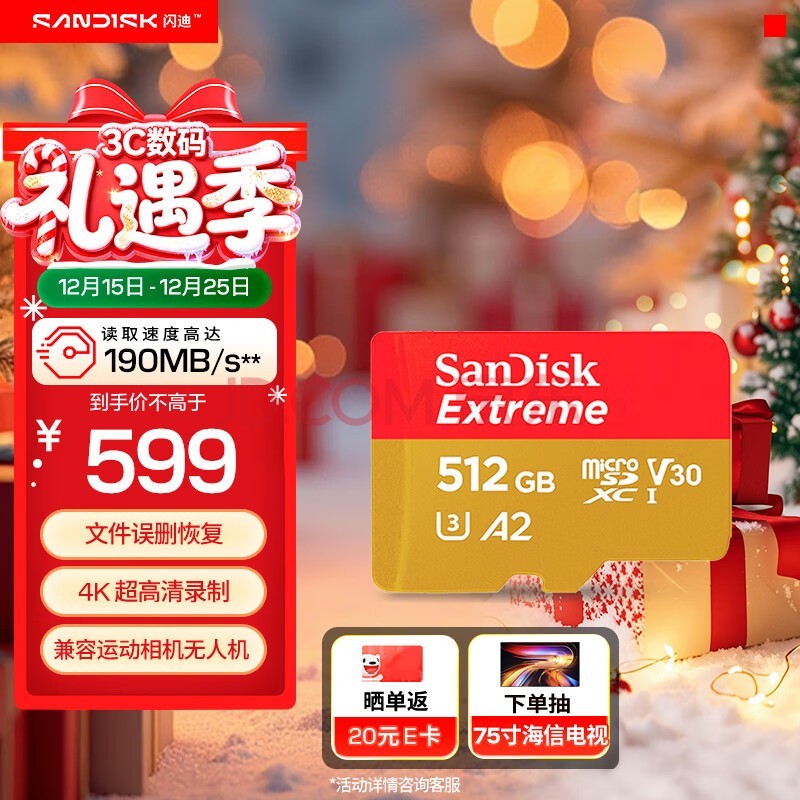 闪迪(SanDisk)512GB TF(MicroSD)内存卡 4K极速金卡A2 V30 U3行车记录仪 运动相机无人机 监控存储卡 读190MB/s
