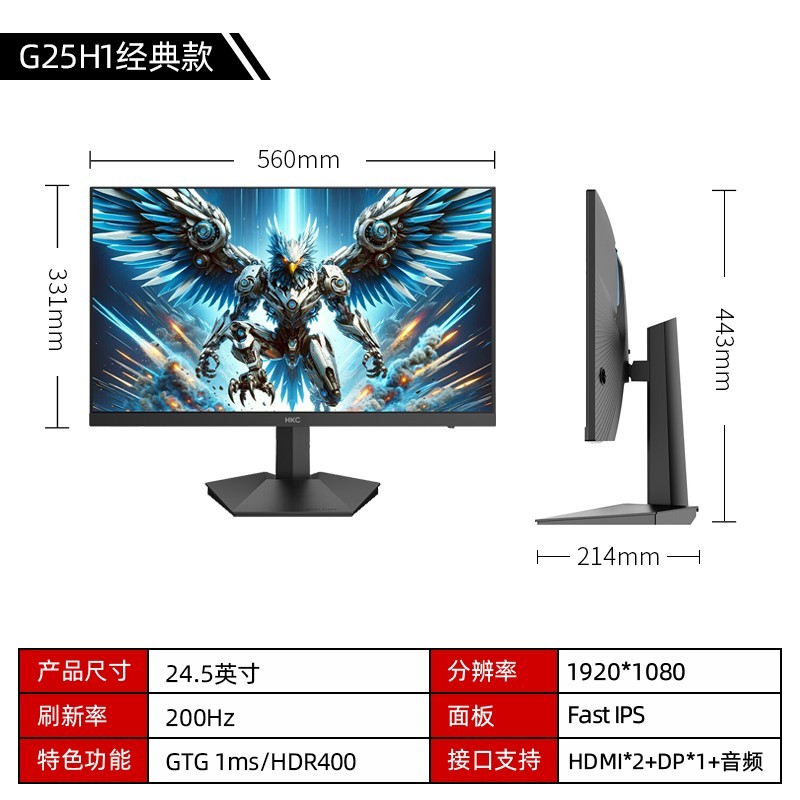 HKC 猎鹰二代 G25H3 24.5英寸 IPS 显示器(1920×1080、300Hz、125%sRGB、HDR400)