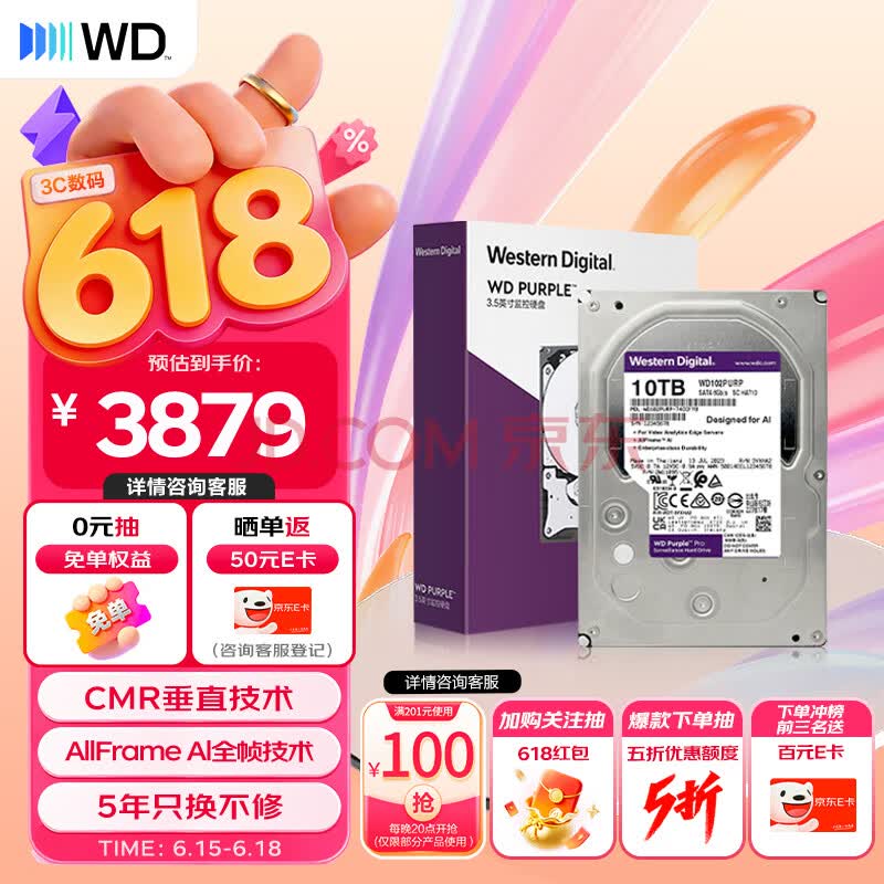 西部数据(WD)10TB监控级机械硬盘 WD Purple 西数紫盘pro SATA 7200转512MB CMR垂直AI技术 3.5英寸WD102PURP