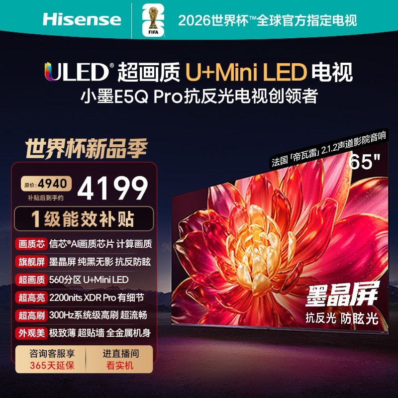 海信 65E5Q-PRO 液晶电视 65英寸  U+MiniLED 抗反光防眩光墨晶屏世界杯电视