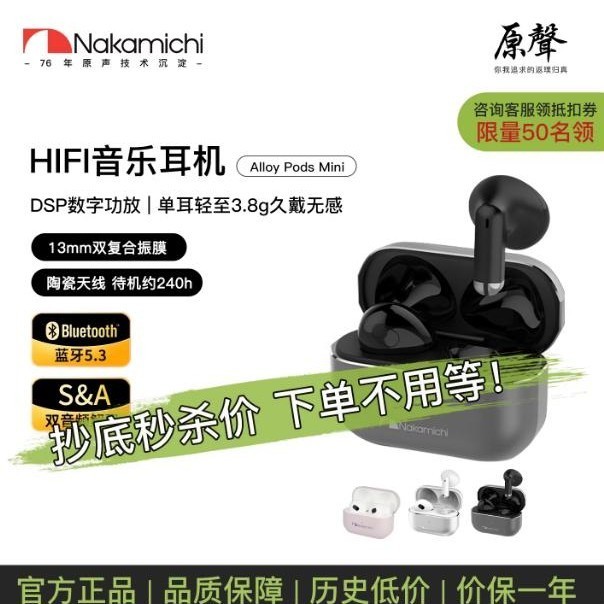 Nakamichi中道蓝牙耳机TWS半入耳式音乐耳机 Alloy Pods Mini