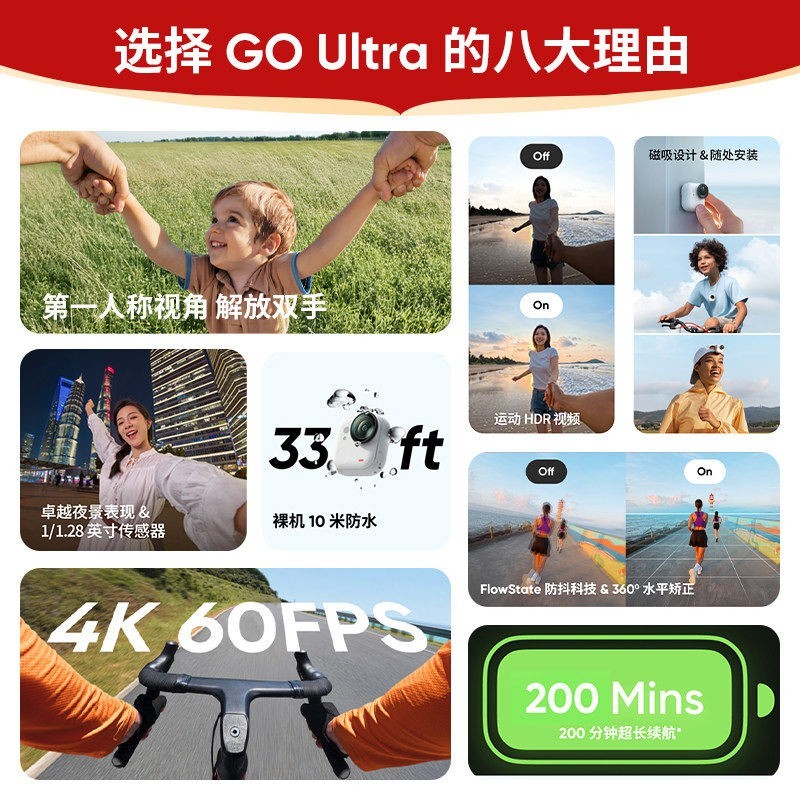 影石 GO Ultra运动相机Vlog户外骑行滑雪4K口袋相机
