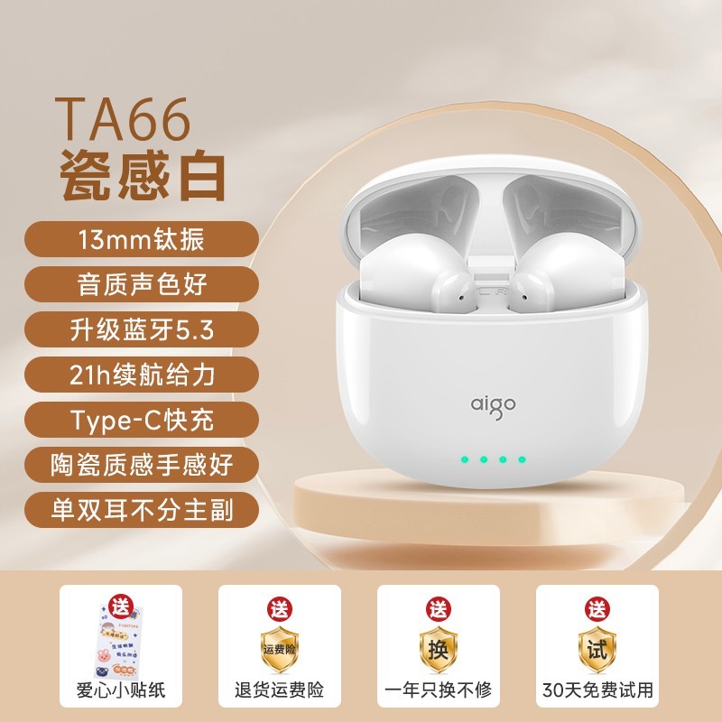 爱国者 T18 半入耳式真无线动圈降噪蓝牙耳机 白色