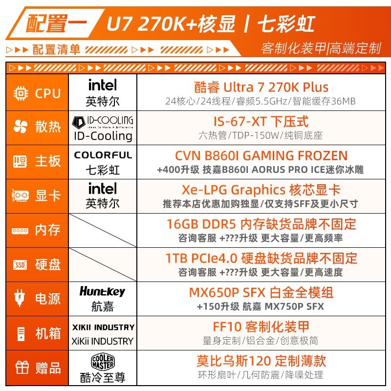 七彩虹 xiKii ff10 酷睿 ultra 7 270k plus rtx5080/5070ti/5060/9060xt迷你itx游戏设计组装电脑主机高端diy整机