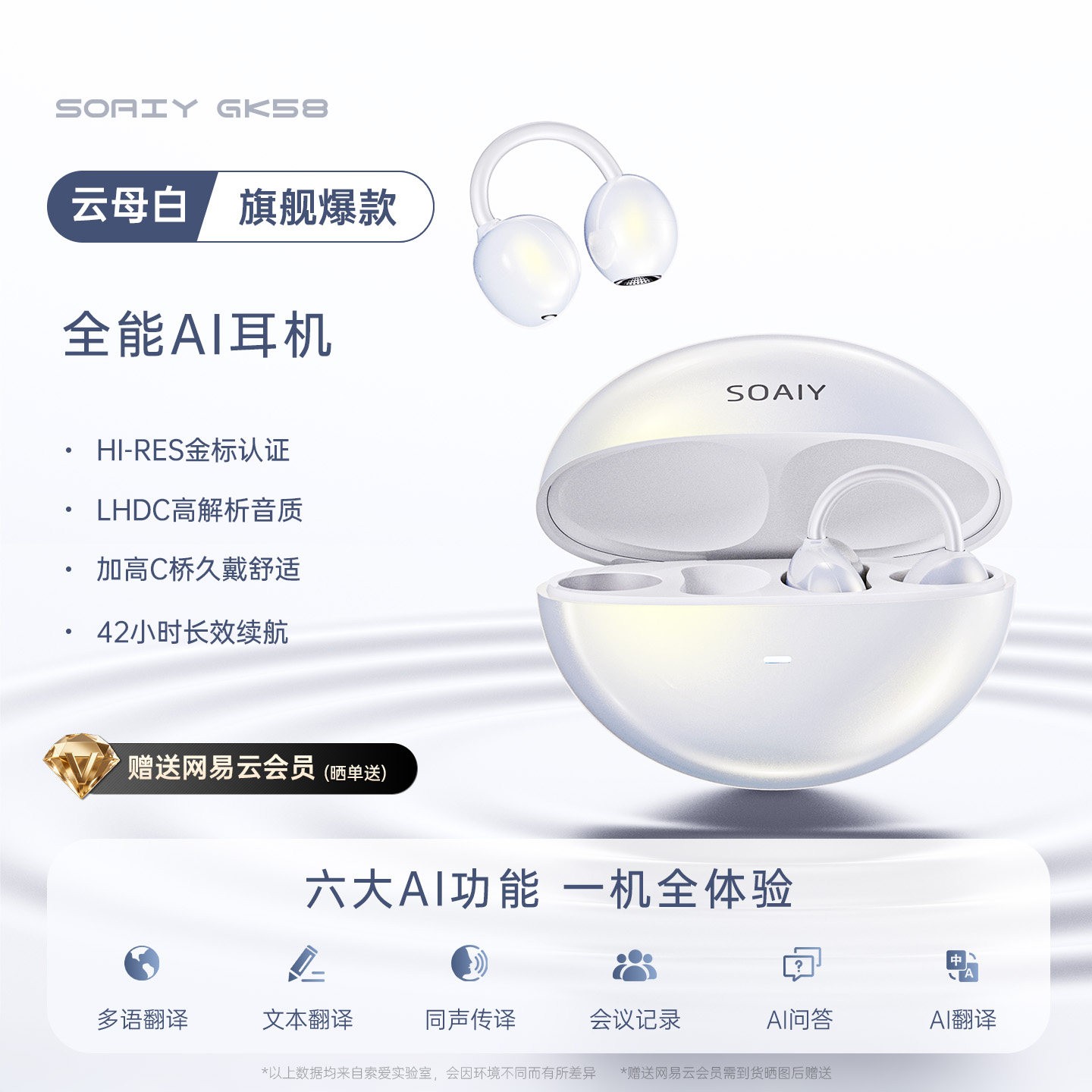 索爱 政府补贴索爱gk58耳夹式蓝牙耳机2025新款无线气骨传导运动翻译