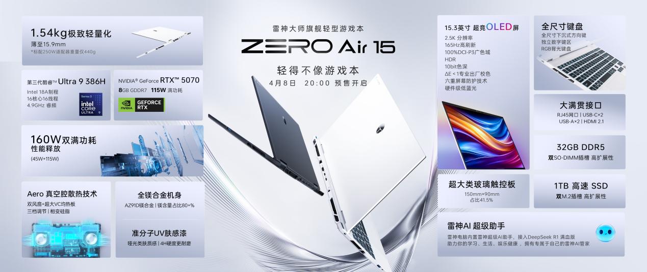 1.54kg重量承载160W双满功耗,新一代轻型游戏本雷神ZERO Air 15 预售开启