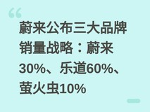 蔚来公布三大品牌销量战略:蔚来30%、乐道60%、萤火虫10%
