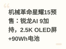 机械革命星耀15预售:锐龙AI 9加持,2.5K OLED屏+90Wh电池