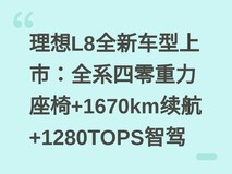 理想L8全新车型上市:全系四零重力座椅+1670km续航+1280TOPS智驾