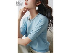 晚白2026天空蓝冰丝钉珠T恤仅89元