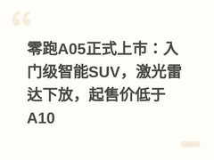 零跑A05正式上市：入门级智能SUV，激光雷达下放，起售价低于A10