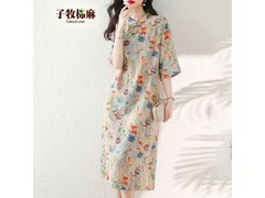 子牧棉麻2025春夏女碎花改良旗袍79元