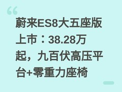 蔚来ES8大五座版上市：38.28万起，九百伏高压平台+零重力座椅