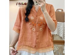子牧棉麻雅橘色复古夏装衬衫4折特惠