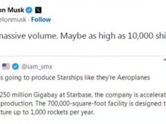 SpaceX星舰拟实现每小时发射一次，年产能或达万艘