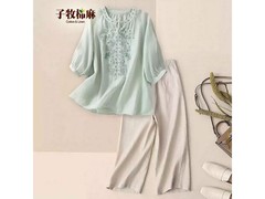 子牧棉麻女士浅绿上衣杏裤两件套低至98.95元