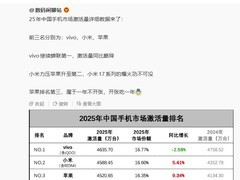 2025年中国手机激活量排名出炉：vivo第一，小米第二，苹果第三