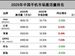 2025中国手机激活榜：vivo登顶，小米超越苹果紧随其后