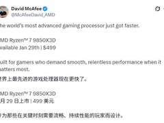 AMD锐龙7 9850X3D游戏处理器1月29日全球发售，性能领先竞品27%